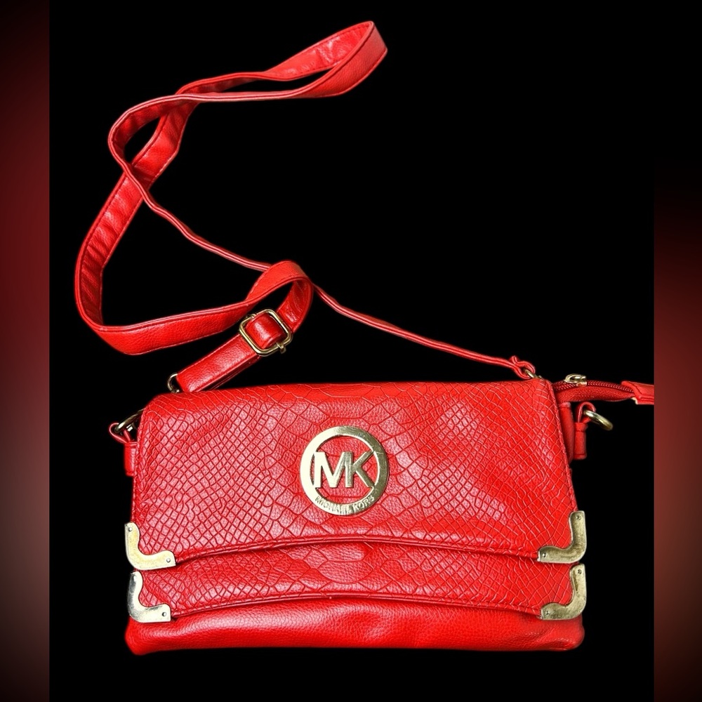 Michael Kors Red Leather Embossed Shoulder Bag